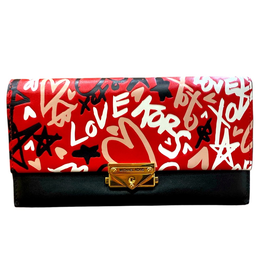 MICHAEL KORS QIXI CECE LEATHER GRAFFITI BRIGHT RED MULTI LARGE WALLET - NWOT